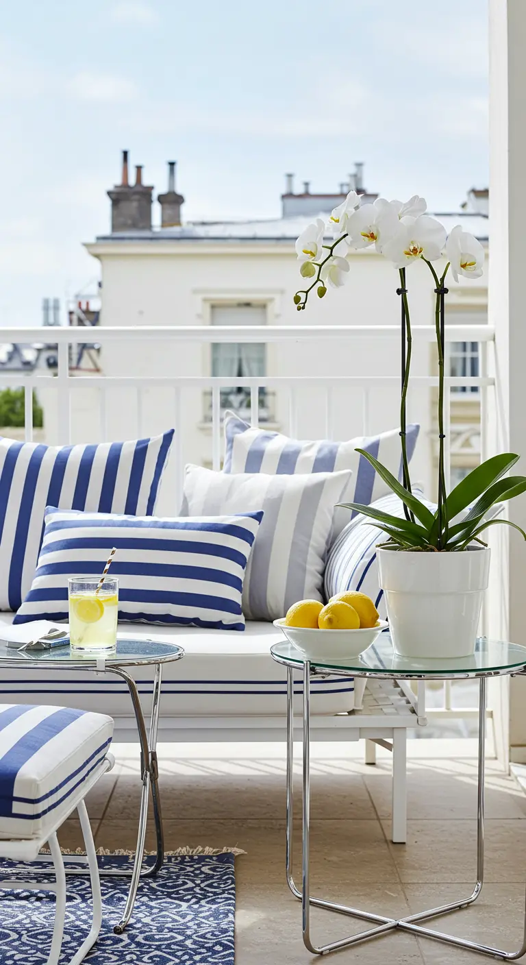 Balcón elegante con sofá blanco y cojines de rayas azules y blancas, y una mesa auxiliar de cristal.