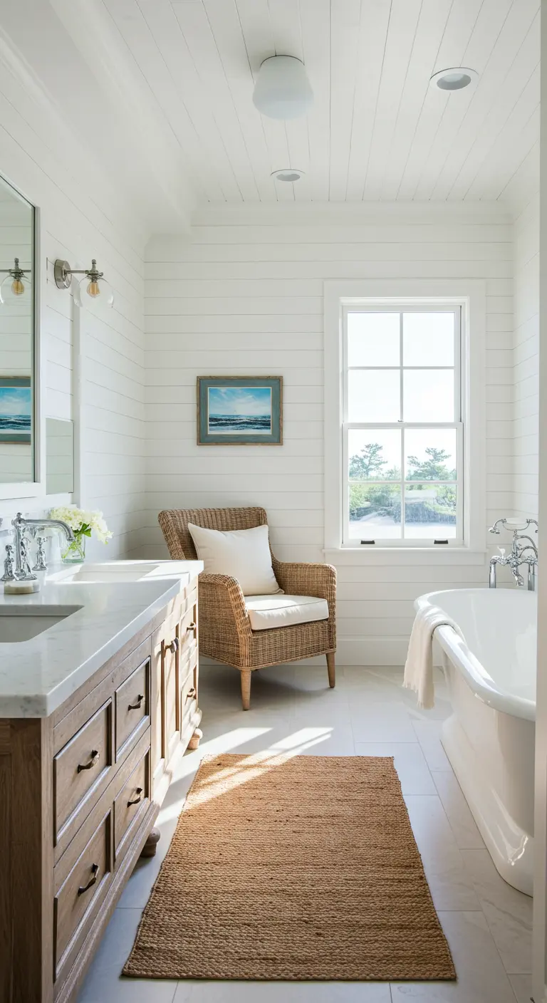 Baño estilo costero con paredes de listones blancos, sillón de mimbre y mueble de madera.