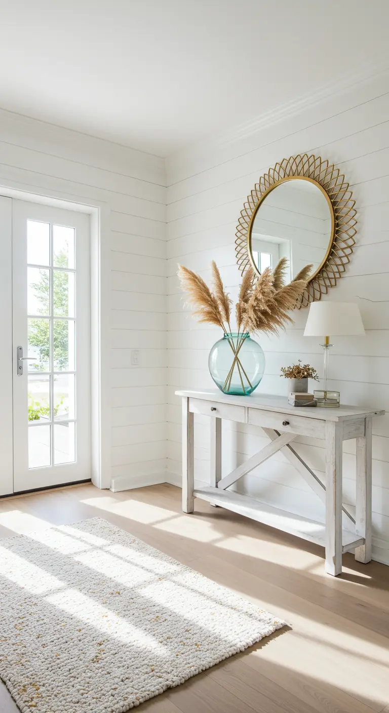 Entrada luminosa con paredes de lamas blancas, consola de madera y espejo dorado tipo sol.
