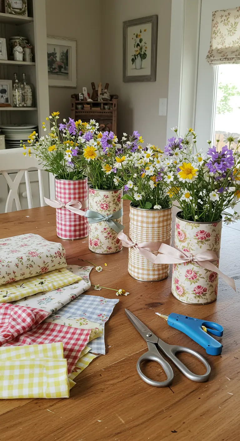 Macetas de lata forradas con telas de cuadros y flores para un look campestre.