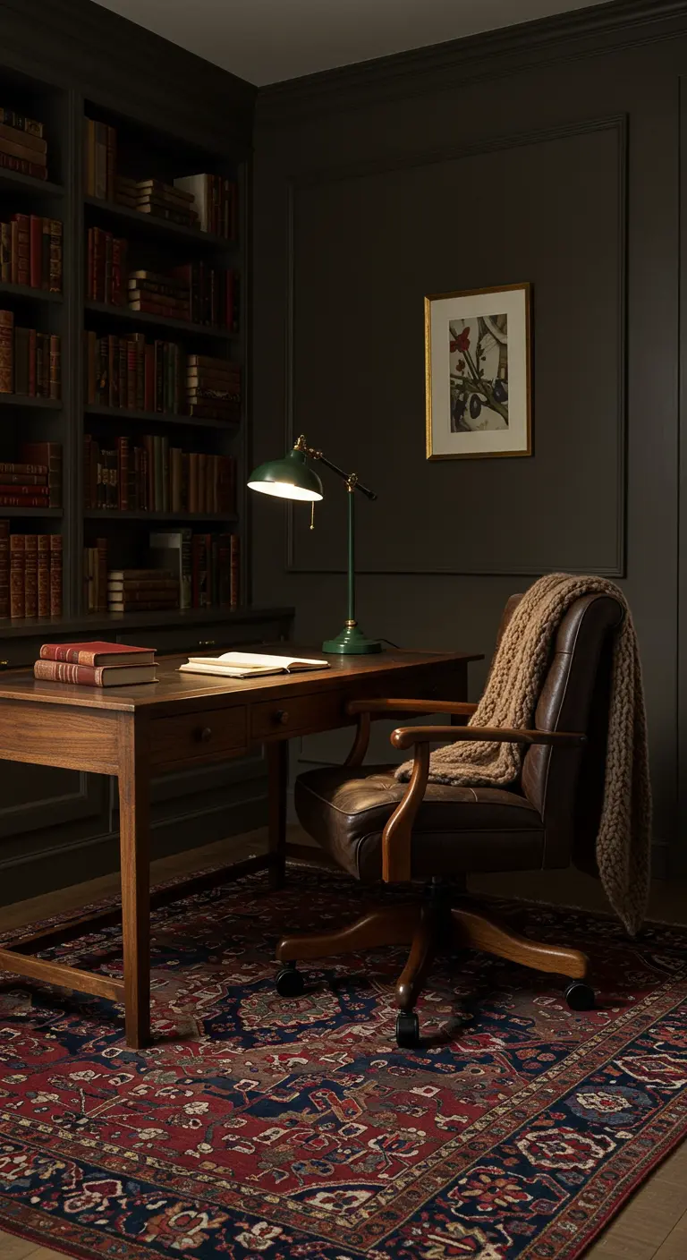 Escritorio de estudio de estilo 'dark academia' con paredes oscuras, estanterías y lámpara verde.
