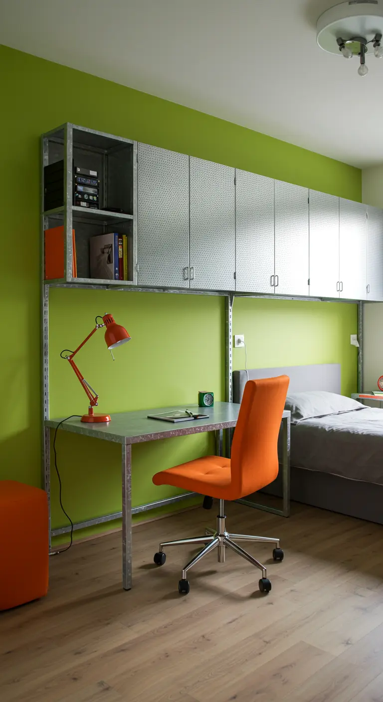 Dormitorio con pared verde lima y un sistema de almacenamiento y escritorio de metal industrial.