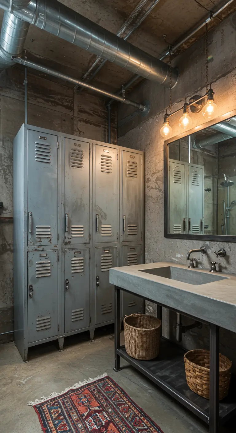 Baño de estilo industrial con taquillas metálicas grises y un lavabo de hormigón.