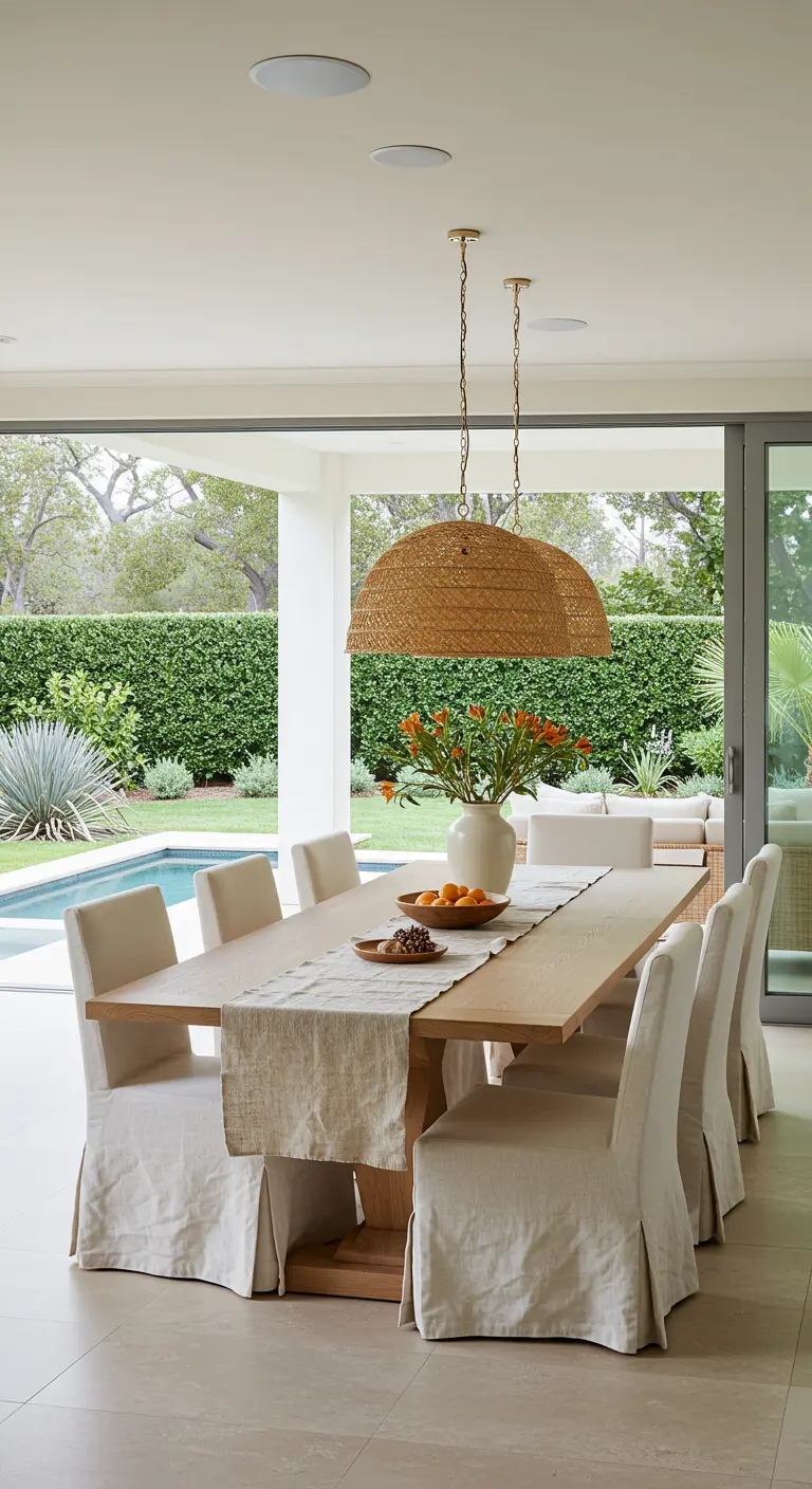 Comedor de estilo californiano con mesa de madera clara, sillas con funda y lámparas de fibra natural.