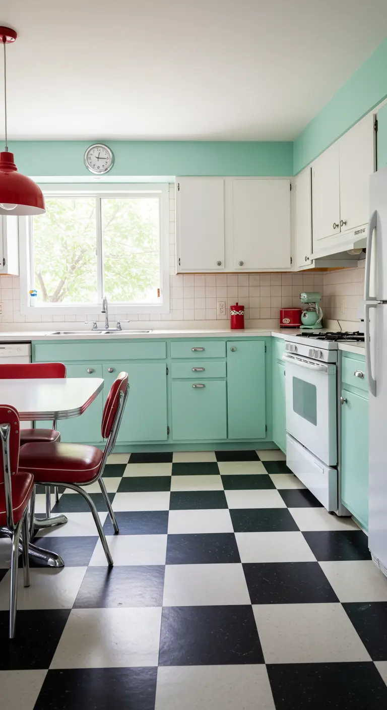 Cocina estilo diner con muebles menta, suelo de damero y sillas rojas.