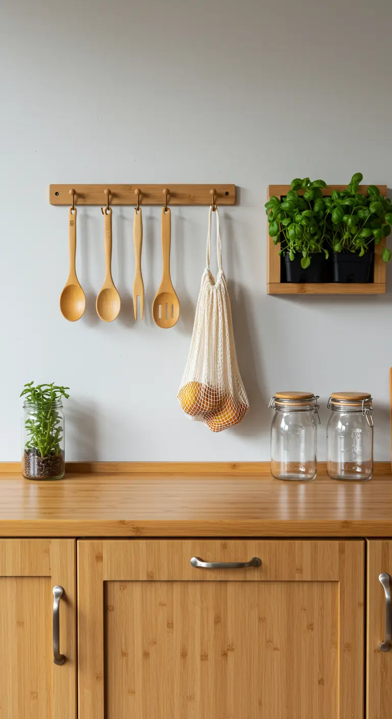 Barra de madera con ganchos para colgar utensilios y una bolsa de red junto a un estante con plantas