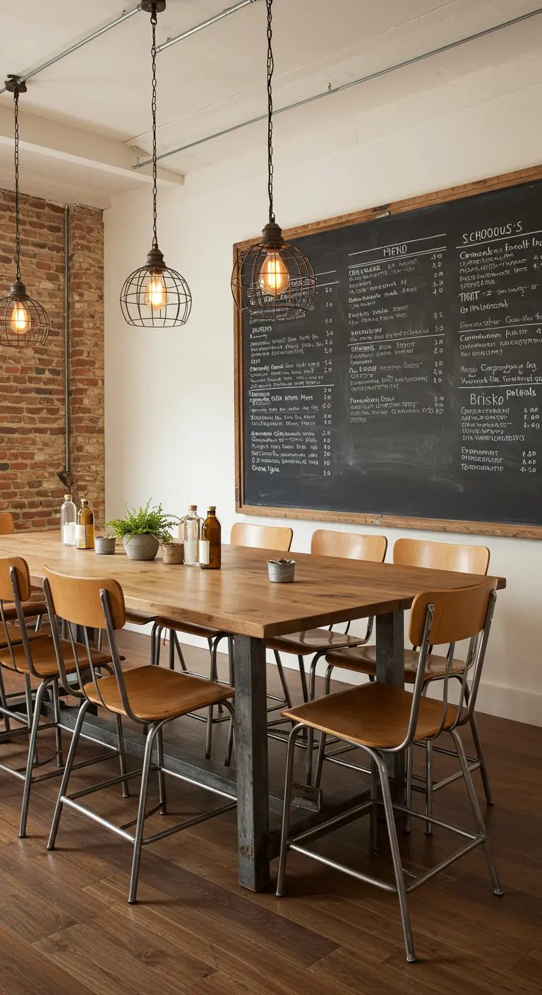 Comedor tipo cafetería con sillas de estilo escolar en madera y metal, y una gran pizarra de fondo.