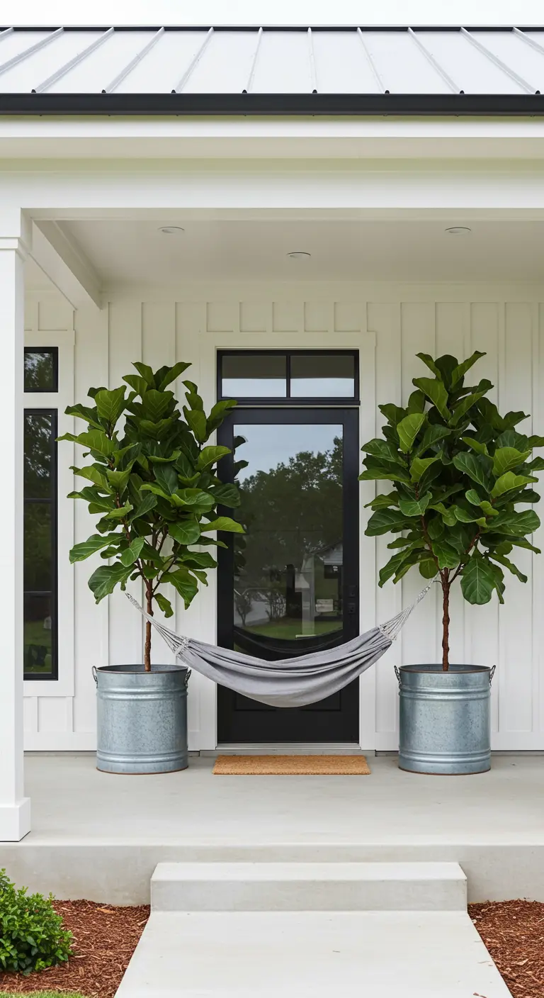 Porche de estilo farmhouse moderno con dos árboles en maceteros de metal galvanizado y una hamaca gris.
