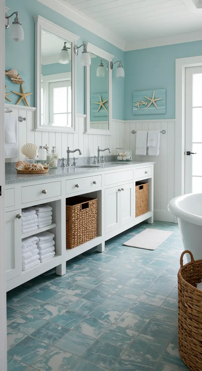 Baño de estilo costero con paredes paneladas en blanco, cestas de mimbre y suelo azul