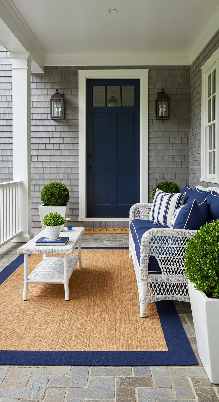 Porche estilo Hamptons con muebles de mimbre blanco, cojines de rayas azules y alfombra de yute.