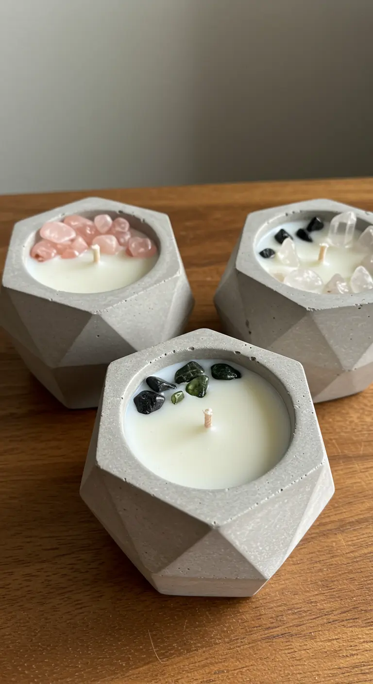 Tres velas caseras en recipientes geométricos de cemento, decoradas con cristales