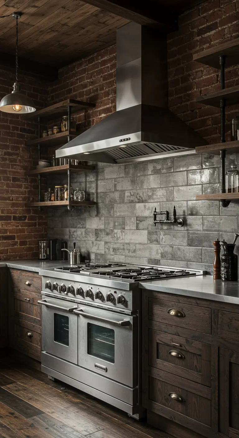 Cocina de estilo industrial con salpicadero de azulejos grises, pared de ladrillo y electrodomésticos de acero.