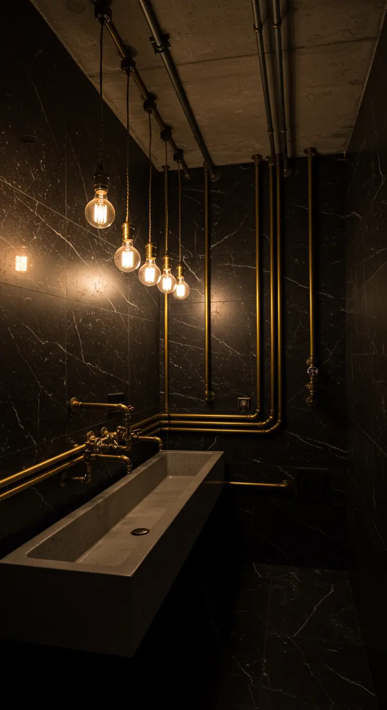 Baño industrial con paredes de mármol negro, tuberías doradas y lavabo de hormigón.