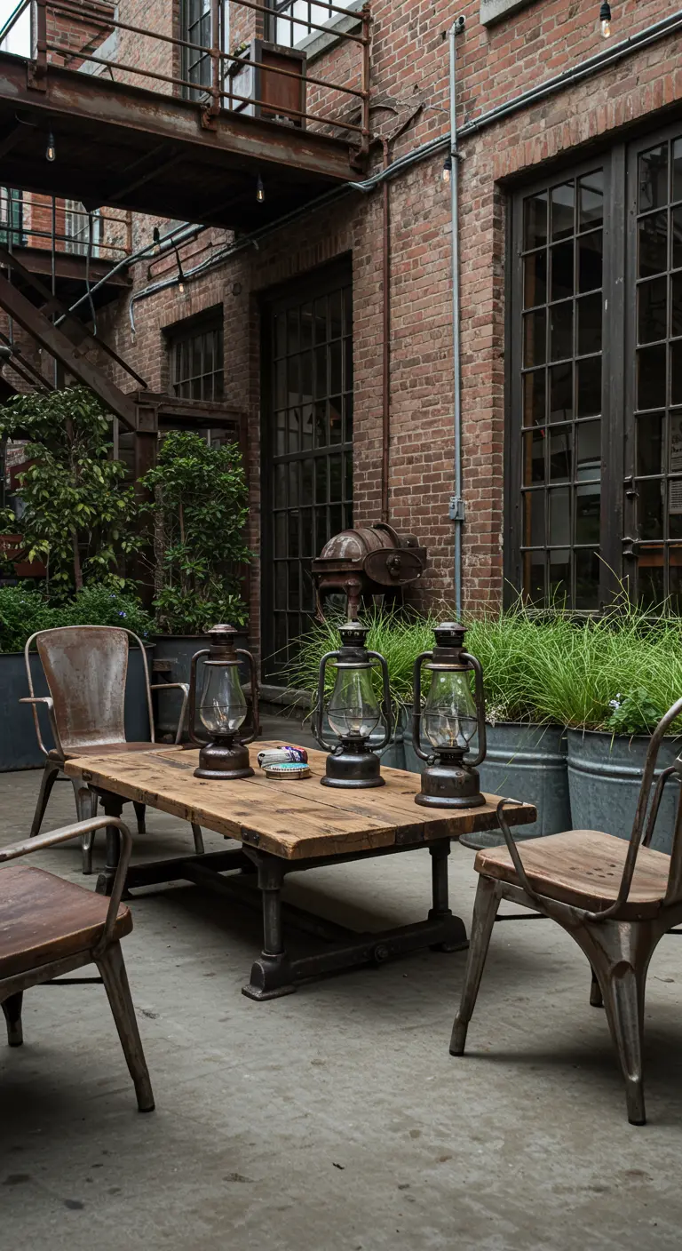 Patio industrial con mesa de madera rústica, sillas de metal y tres lámparas de aceite sobre la mesa