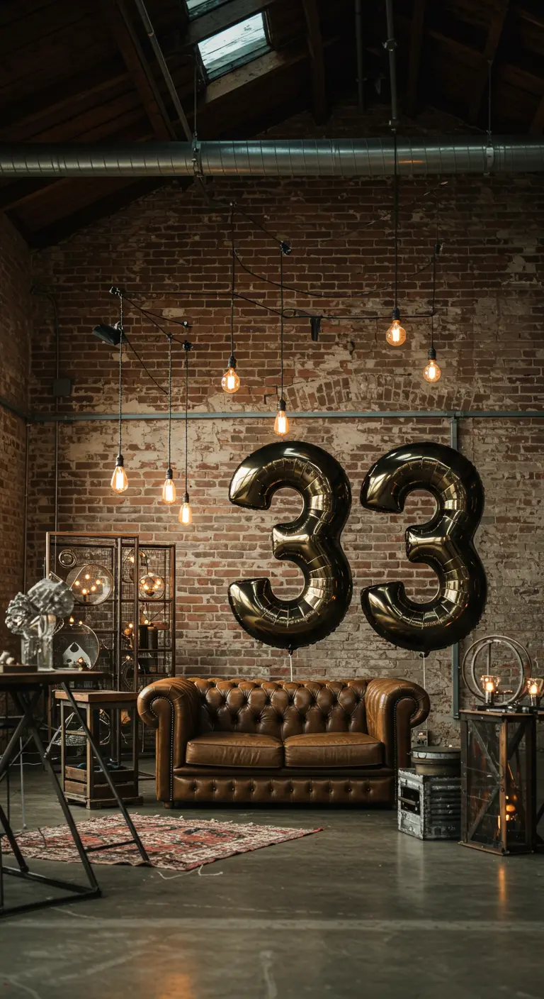 Globos negros del número 33 en un loft industrial con pared de ladrillo y un sofá chester.