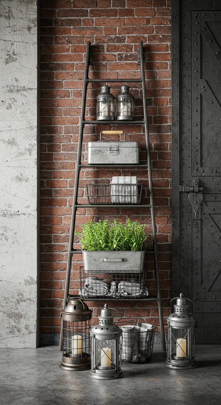 Escalera de metal de estilo industrial con cajas metálicas, faroles y plantas contra una pared de ladrillo.
