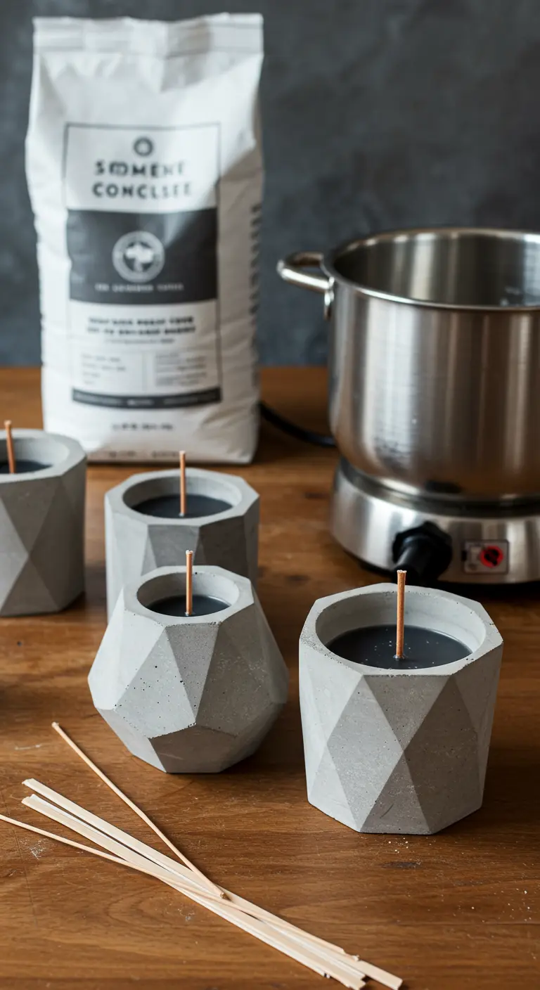 Velas de cera negra en recipientes caseros de cemento de estilo geométrico