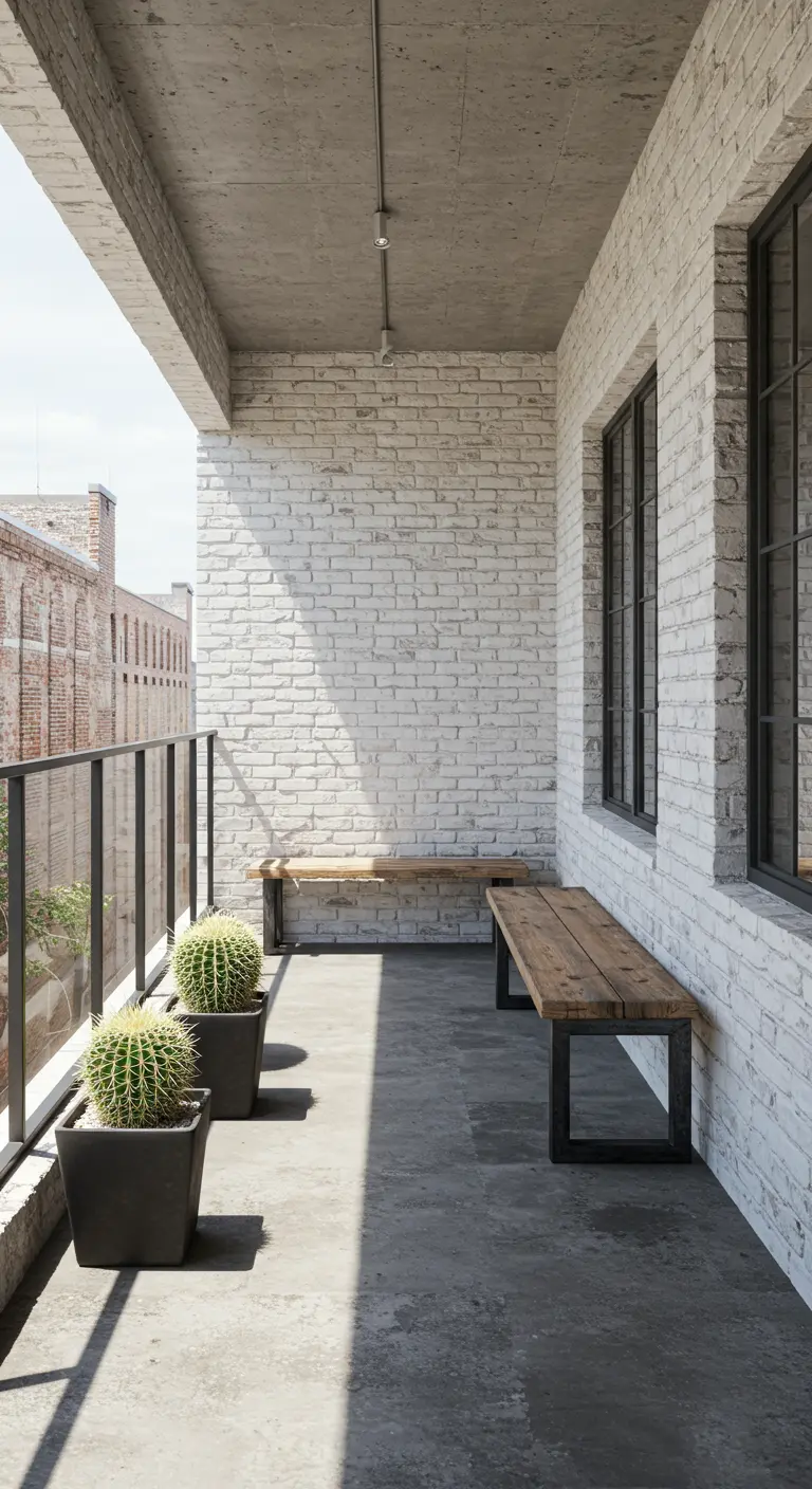 Balcón con pared de ladrillo blanco, bancos de madera y metal, y macetas con cactus.