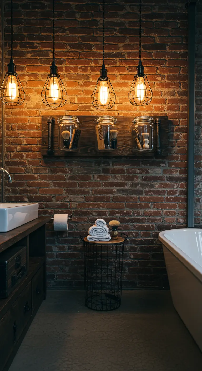 Baño industrial con pared de ladrillo y frascos en una estantería para brochas de afeitar.