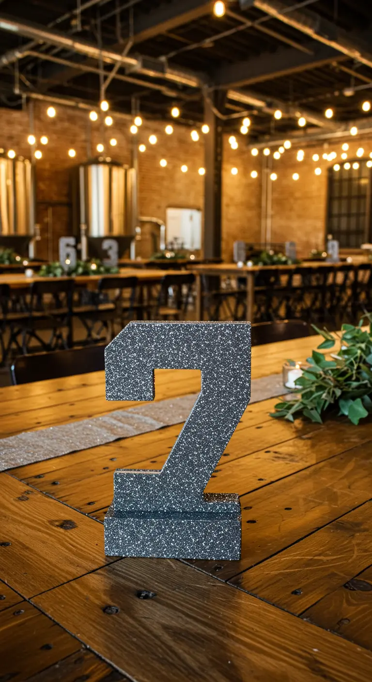 Número 7 grande y tridimensional con glitter oscuro sobre una mesa de madera en un local industrial.