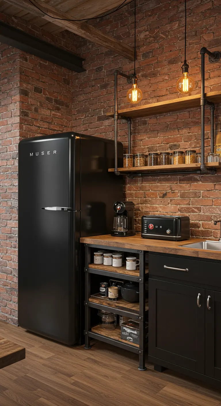 Cocina industrial con pared de ladrillo, frigorífico retro negro y estanterías de tuberías.