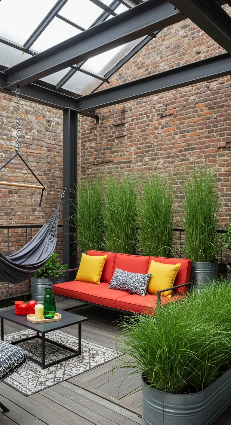 Patio industrial con pared de ladrillo, sofá rojo y maceteros de metal con plantas altas