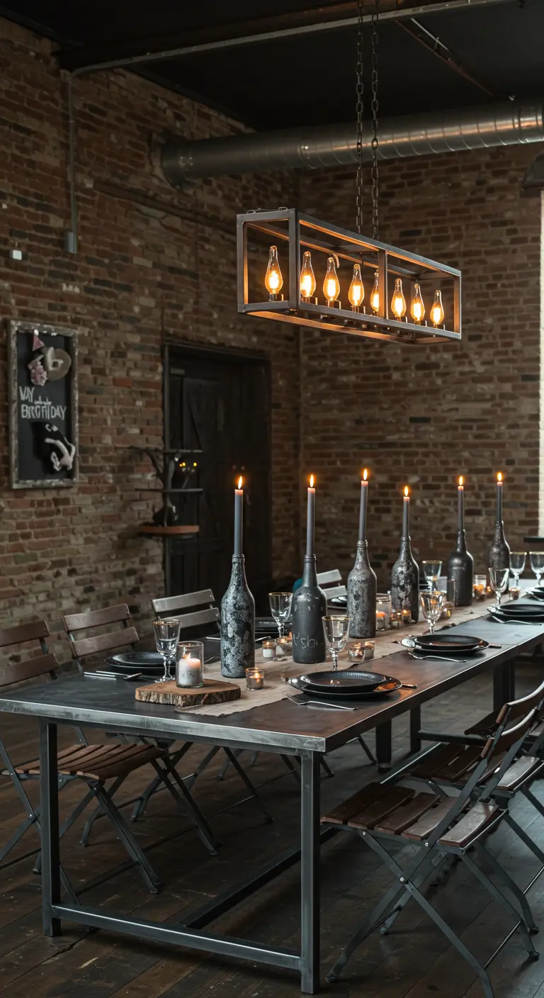 Portavelas de botella con textura industrial en una mesa de comedor de estilo loft.