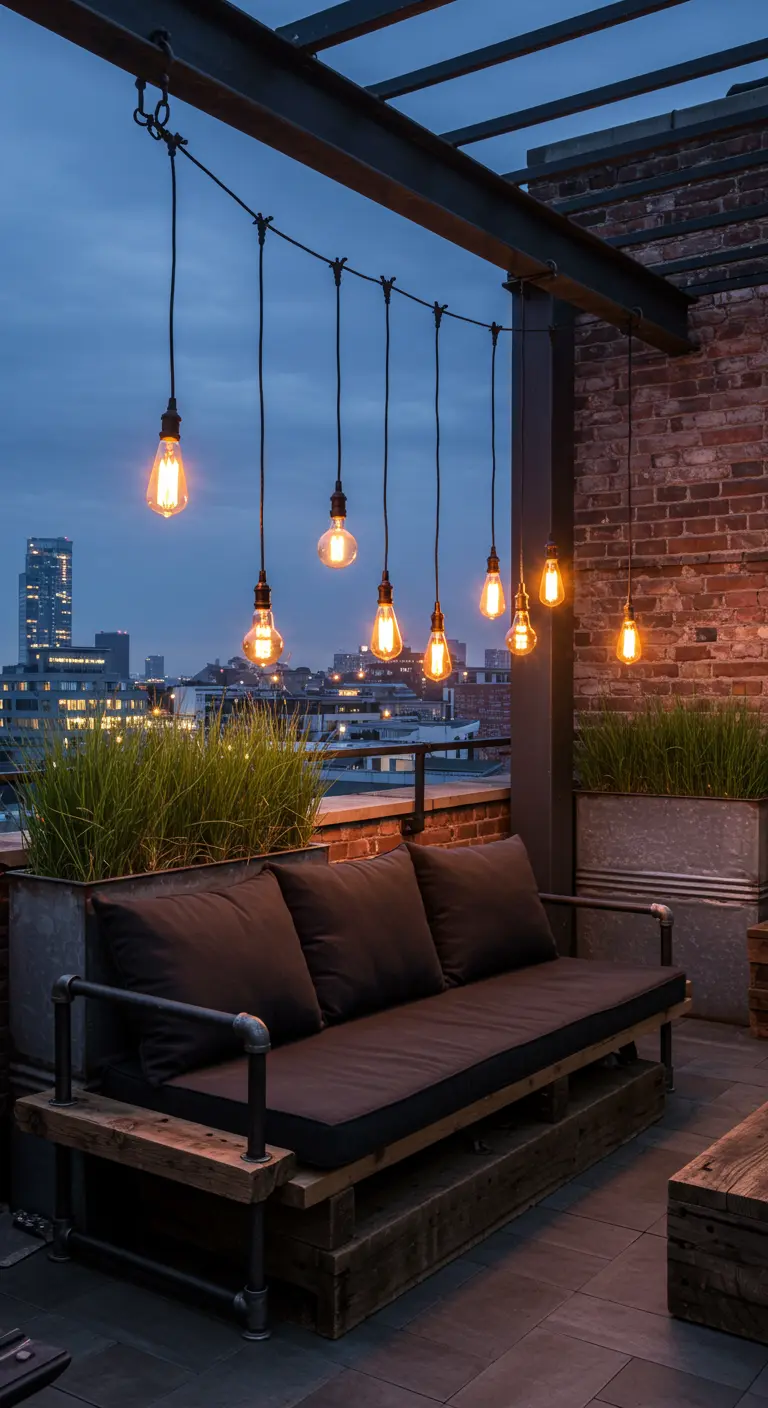 Terraza industrial con sofá de palets y tubos, y bombillas Edison colgando de una viga de acero.