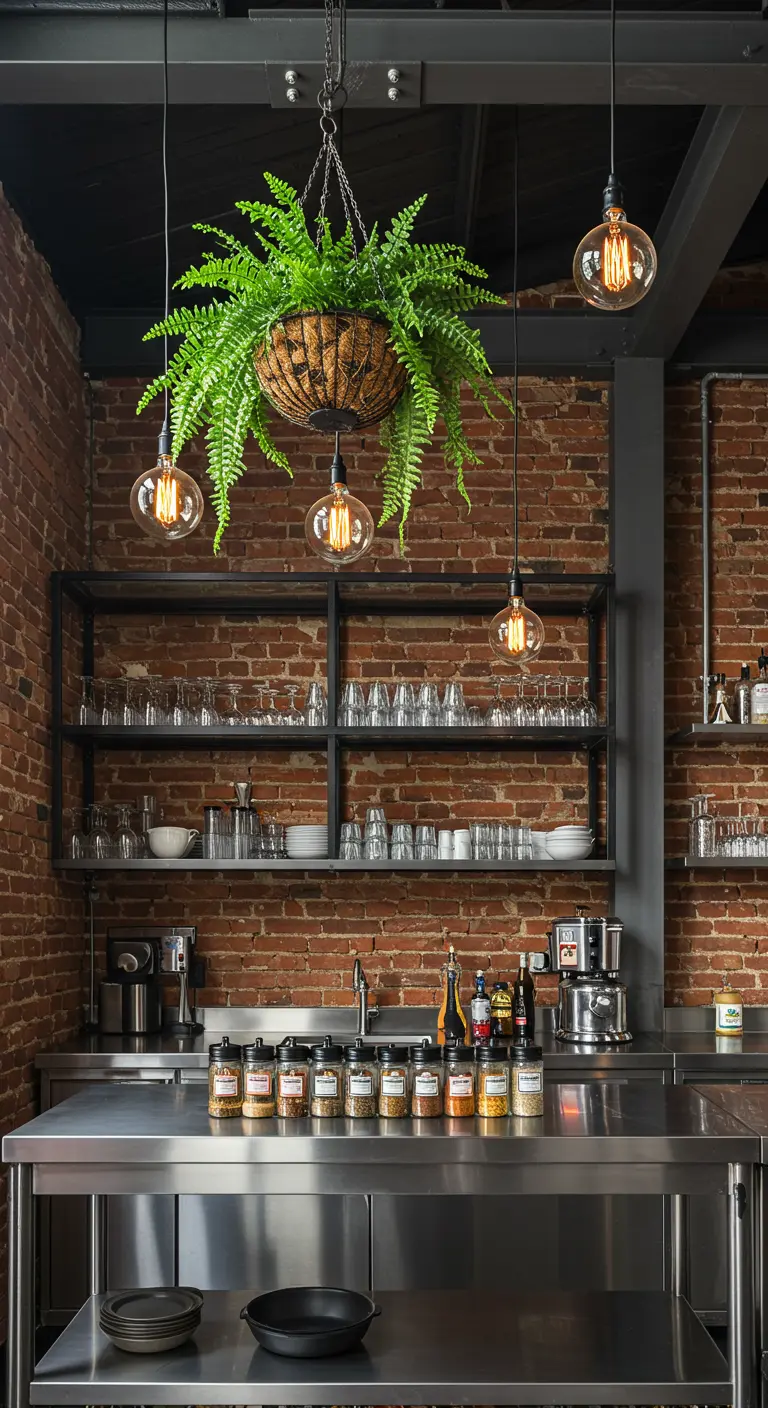 Cocina industrial con pared de ladrillo, encimeras de acero y un gran helecho colgante.