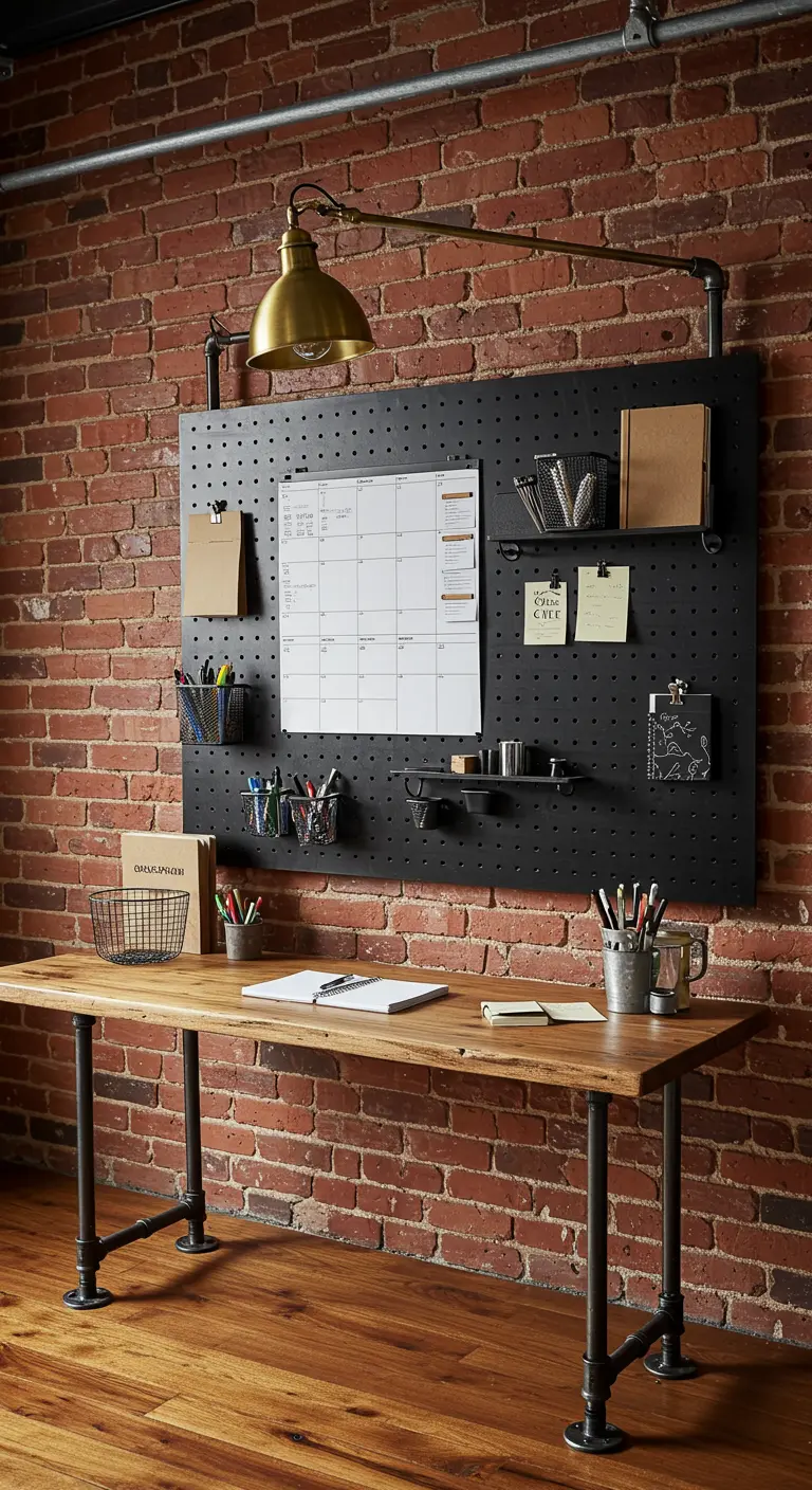 Oficina en casa de estilo industrial con pared de ladrillo, pegboard negro y escritorio de madera y metal.