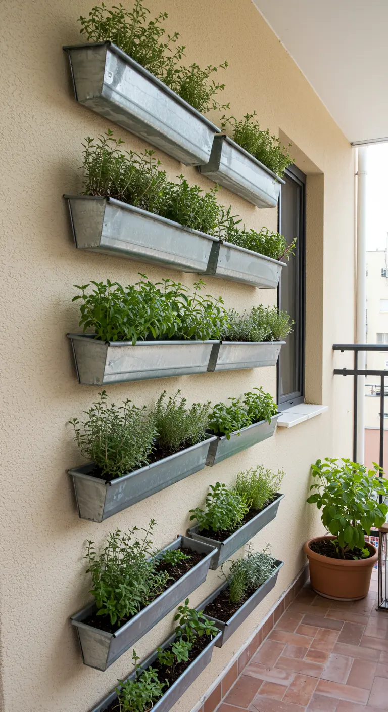 Pared de un balcón cubierta con hileras de jardineras de metal galvanizado llenas de hierbas.