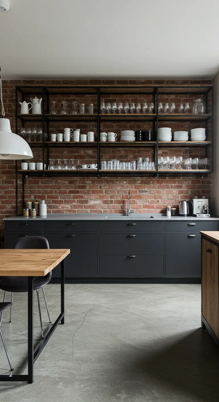Cocina con pared de ladrillo y estanterías abiertas de metal negro llenas de vajilla blanca y cristal.