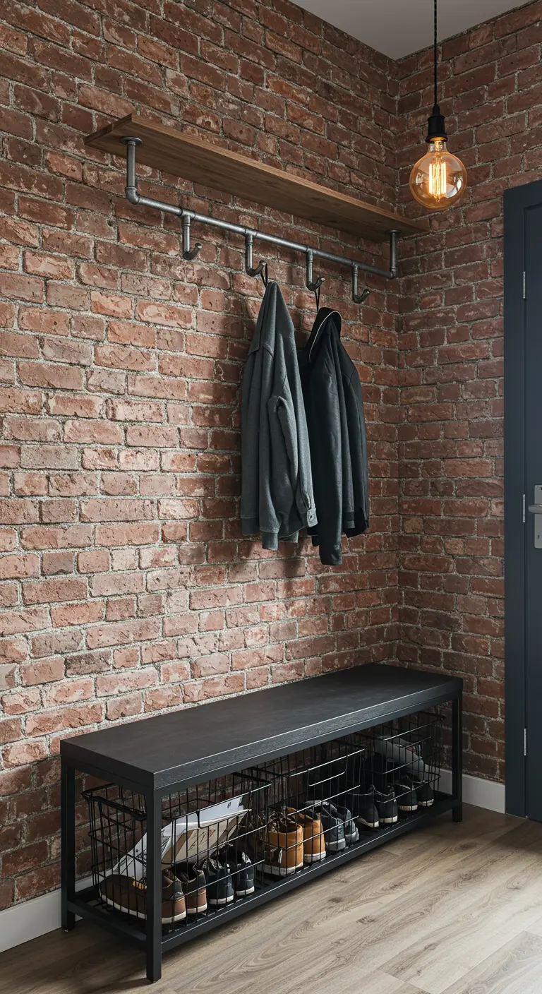 Entrada de estilo industrial con pared de ladrillo, perchero de tuberías y banco metálico negro.