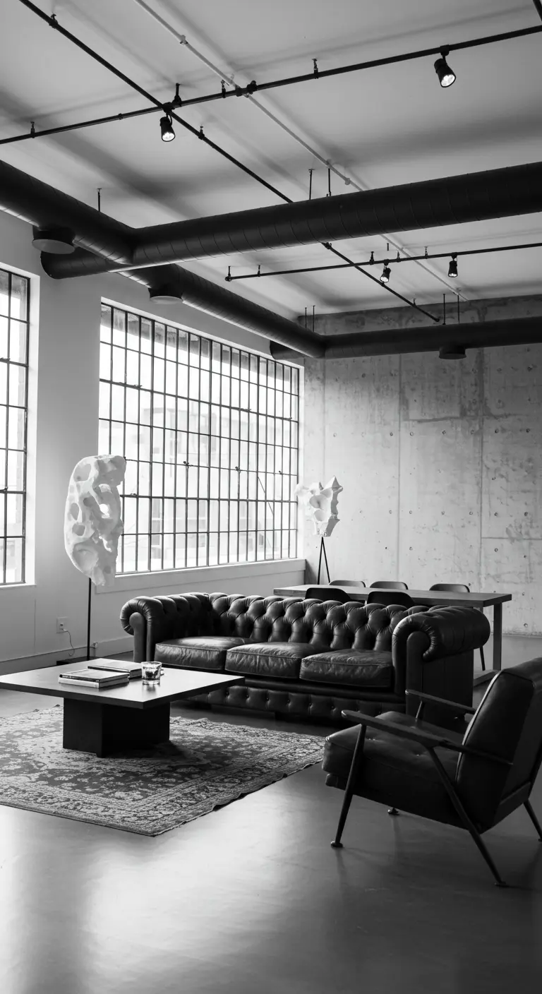Sala de estilo loft industrial con paredes de hormigón, sofá de cuero negro y tuberías a la vista.
