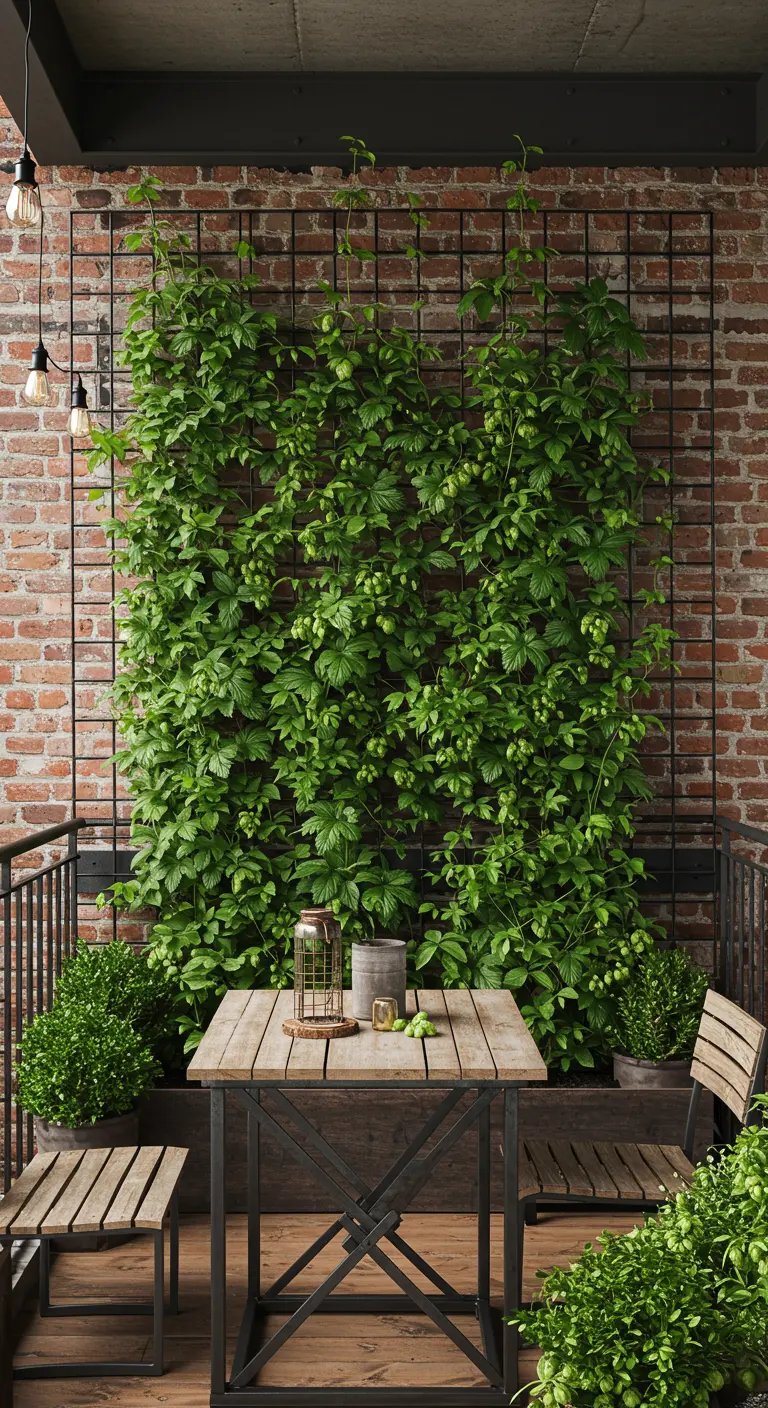 Balcón de estilo industrial con una pared de ladrillo cubierta de lúpulo en una malla metálica.