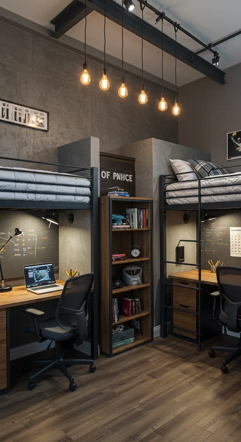 Dormitorio compartido de estilo industrial con literas de metal y escritorios individuales.