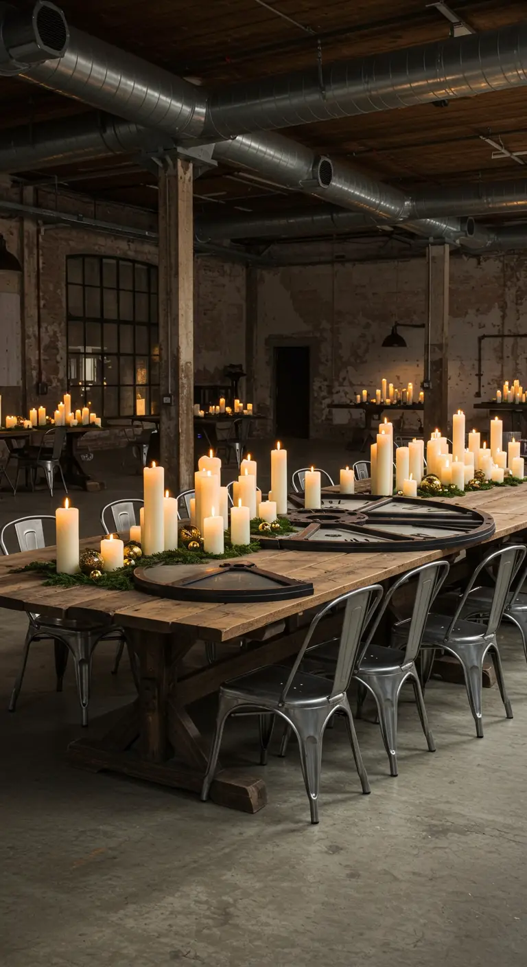 Larga mesa industrial con una esfera de reloj gigante como base para decenas de velas blancas.