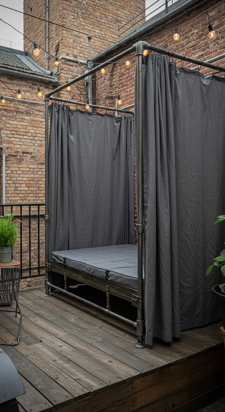 Cama de día con estructura de tuberías industriales y cortinas grises en una terraza urbana.