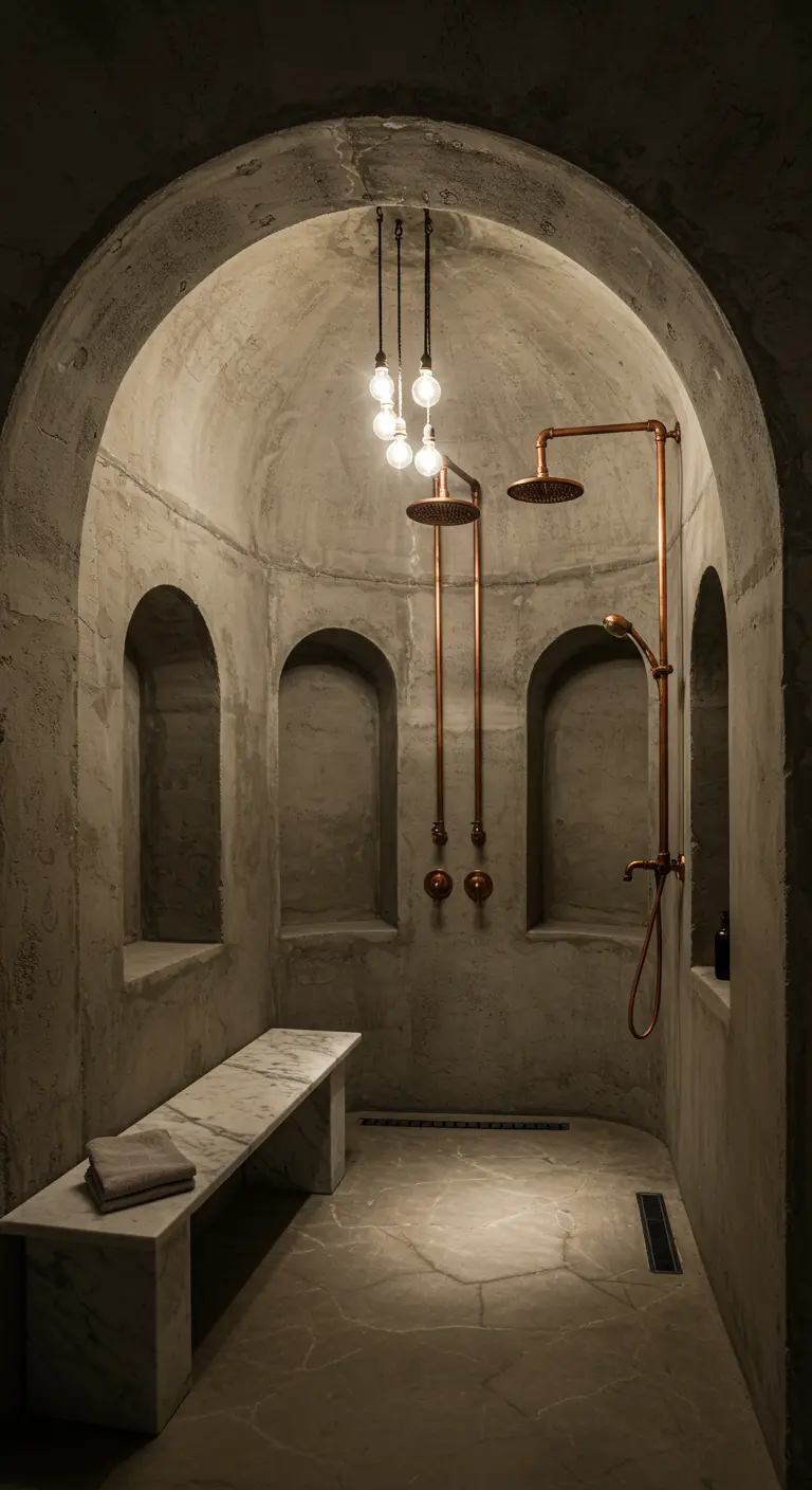 Ducha de hormigón en una bóveda con tuberías de cobre a la vista y un banco de mármol