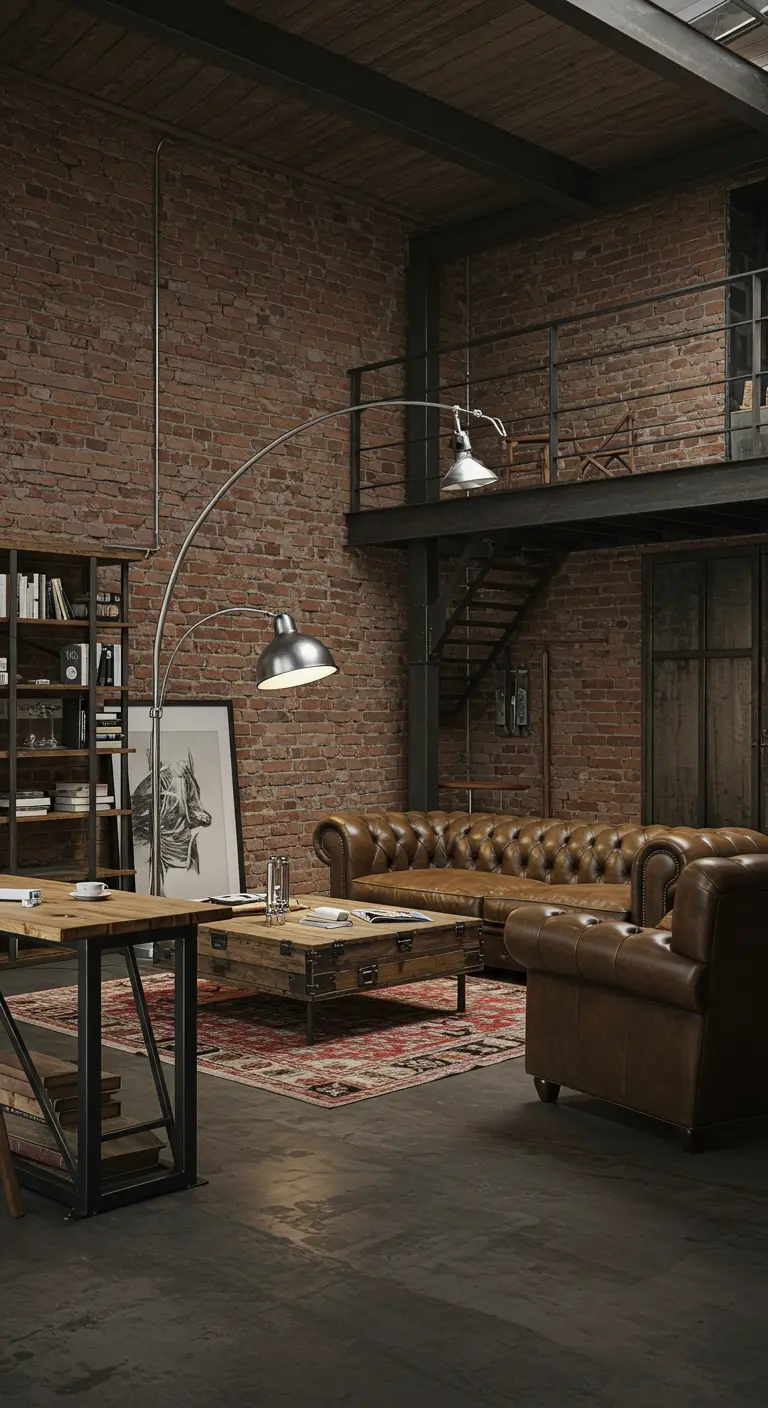 Escritorio de madera y metal en un salón de estilo industrial con paredes de ladrillo.