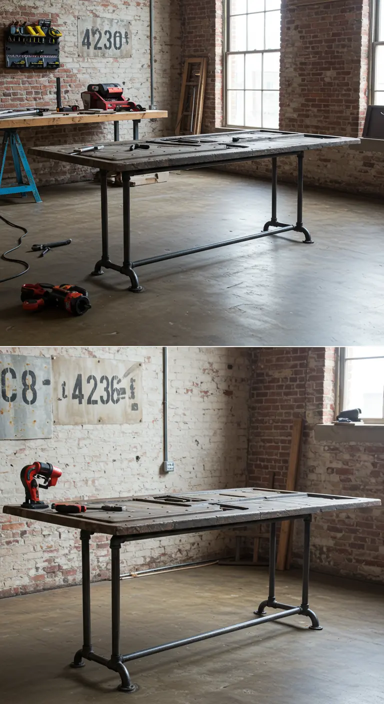 Mesa de comedor DIY con una puerta vieja y patas de tubería industrial en un loft.