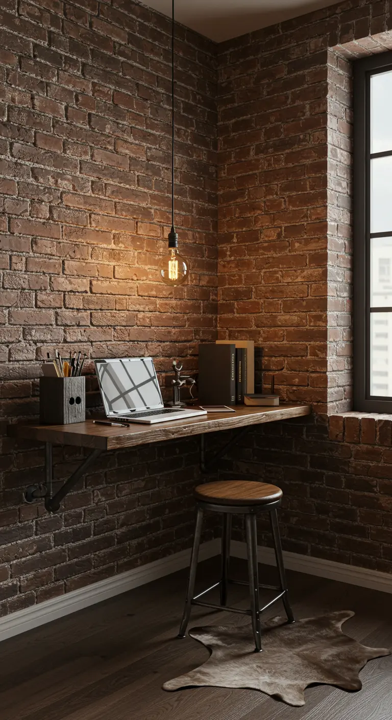 Escritorio flotante industrial con soportes de tubería negra sobre una pared de ladrillo.