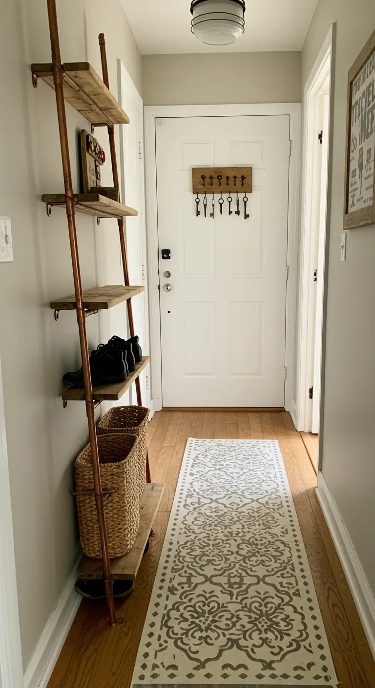 Estantería industrial para recibidor hecha con tuberías de cobre y baldas de madera.