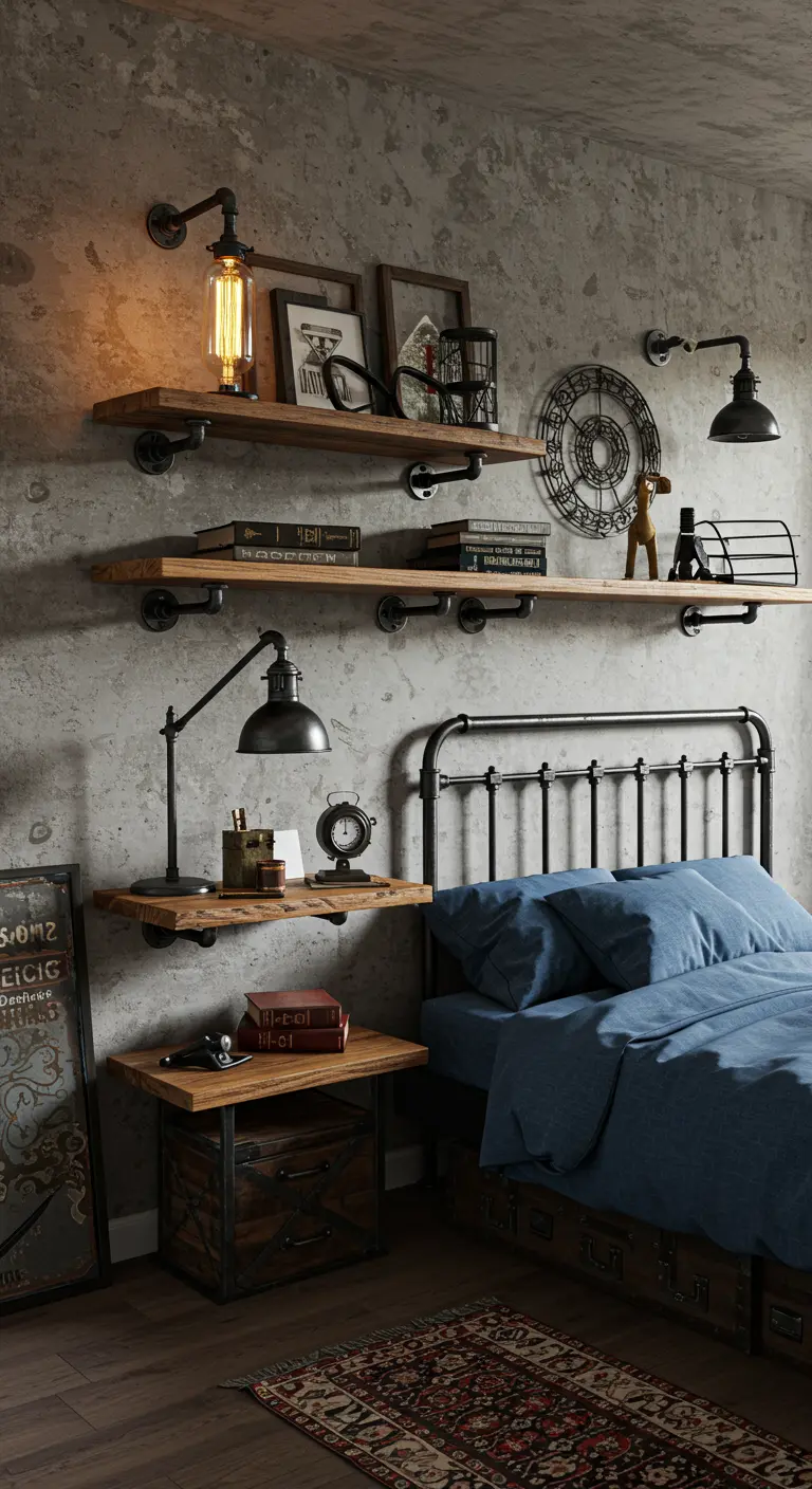 Estanterías de madera con soportes de tubería de hierro negro en un dormitorio de estilo industrial.