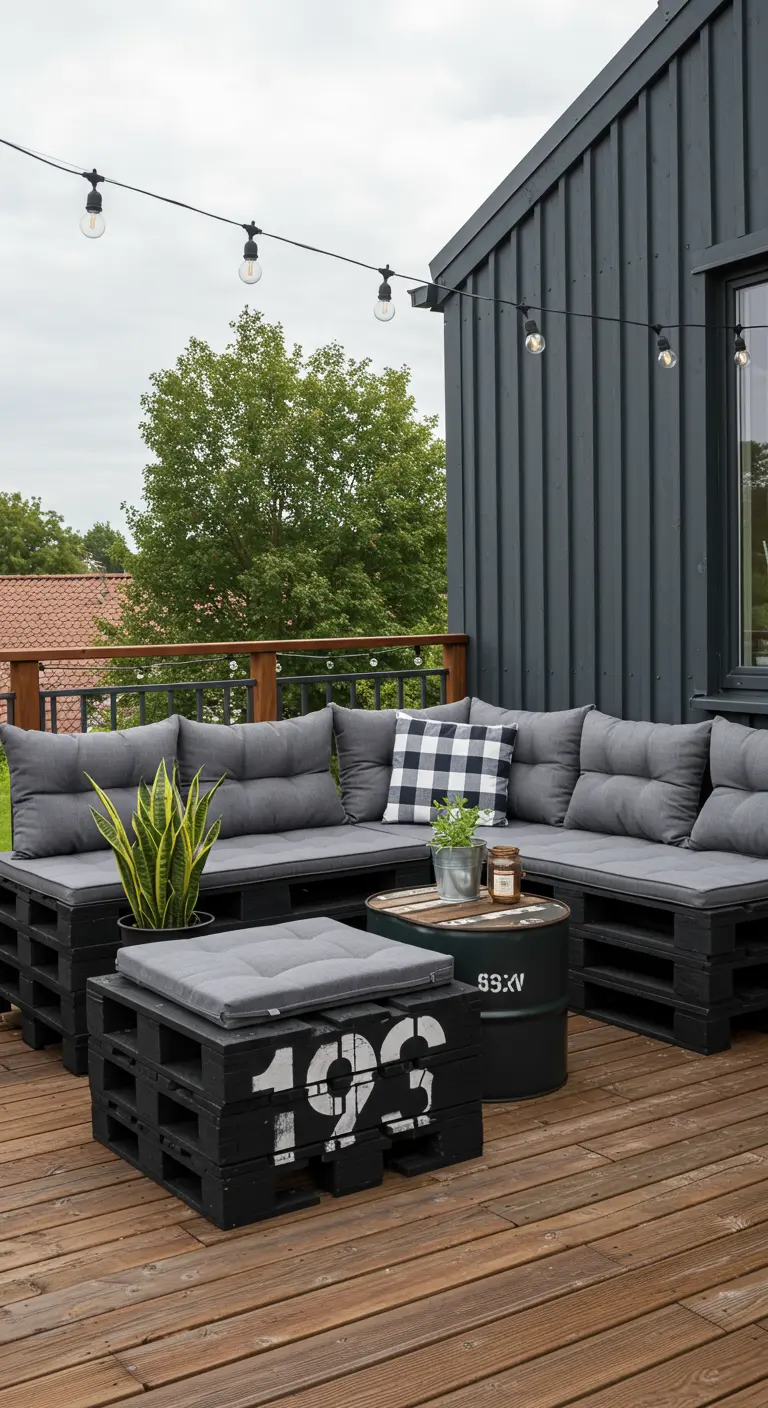 Terraza de madera con sofás de palets negros, cojines grises y una mesa de barril.