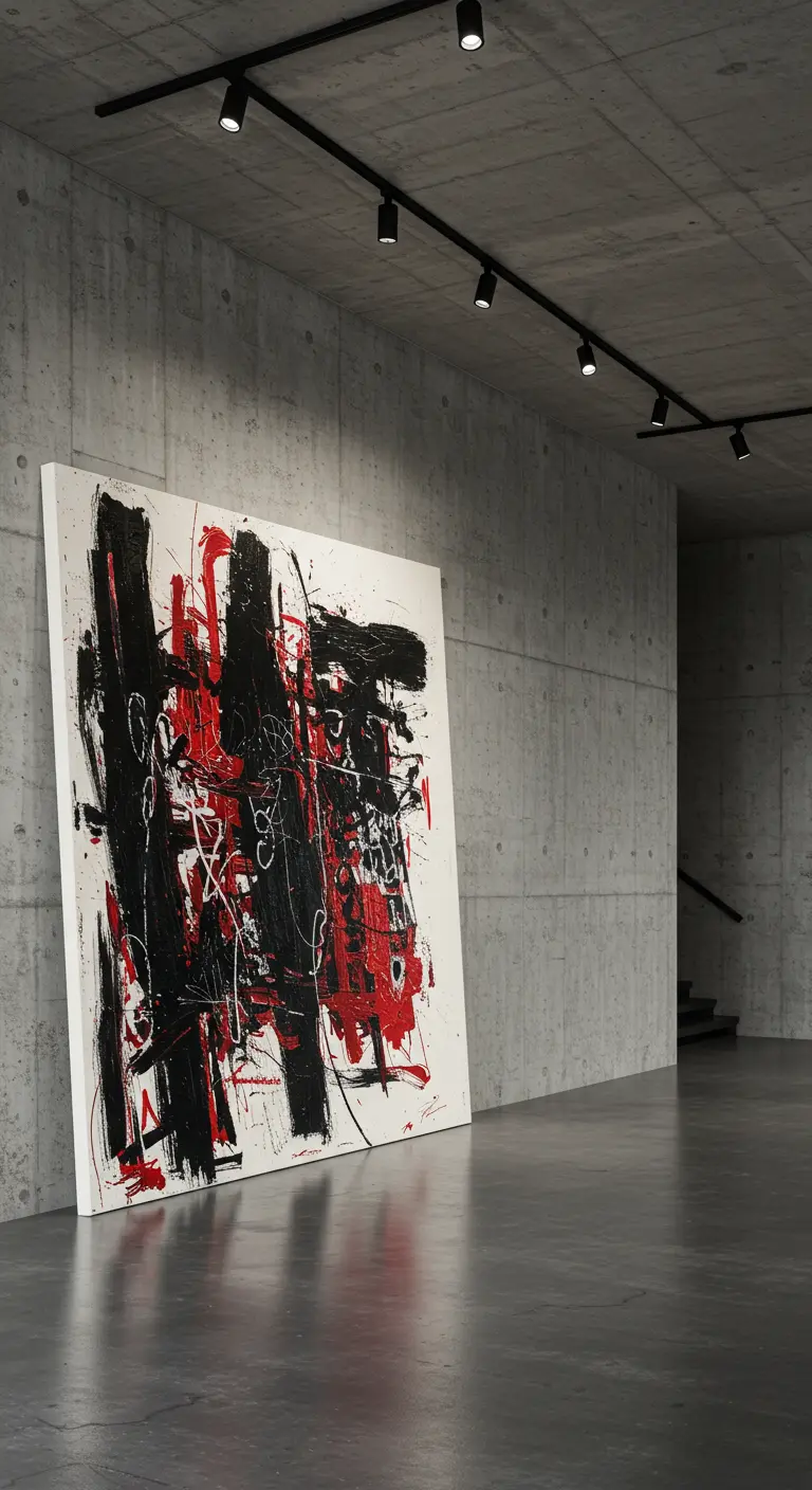 Espacio industrial con paredes de hormigón y un gran cuadro abstracto en rojo y negro apoyado en el suelo.