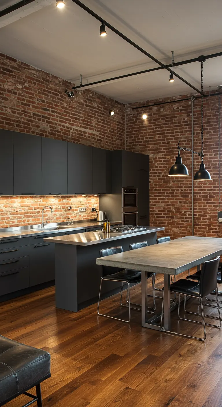 Cocina industrial abierta con pared de ladrillo, gabinetes negros y mesa de comedor de concreto.
