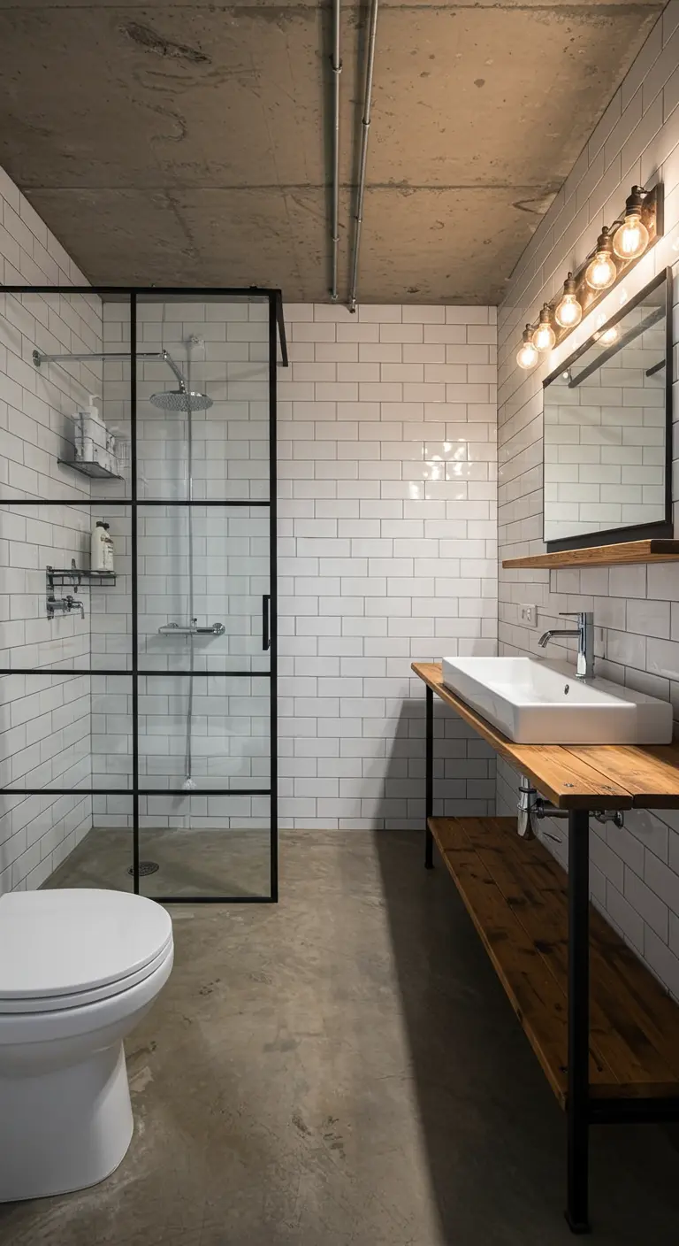 Baño industrial con azulejos tipo metro, mampara negra y mueble de madera