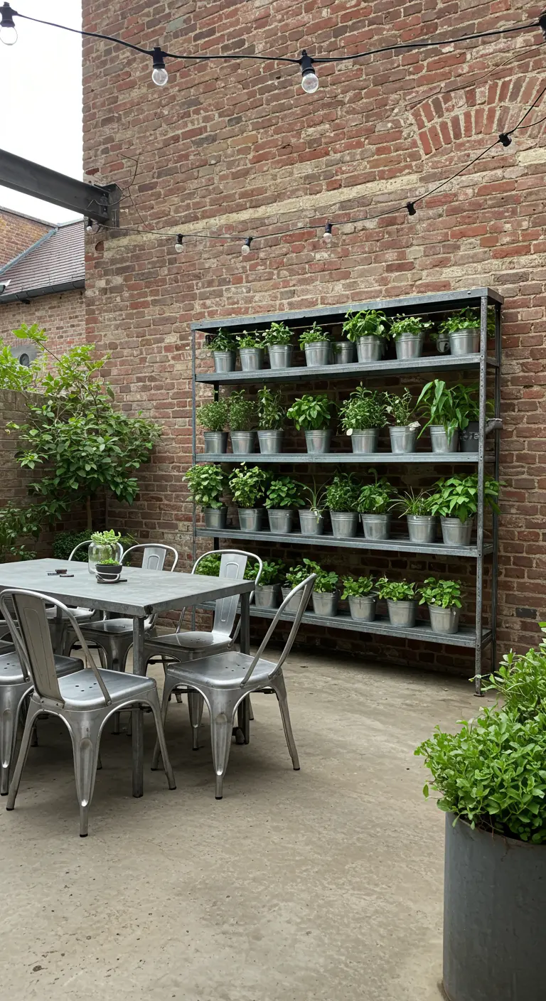 Patio industrial con pared de ladrillo y una estantería metálica llena de macetas.