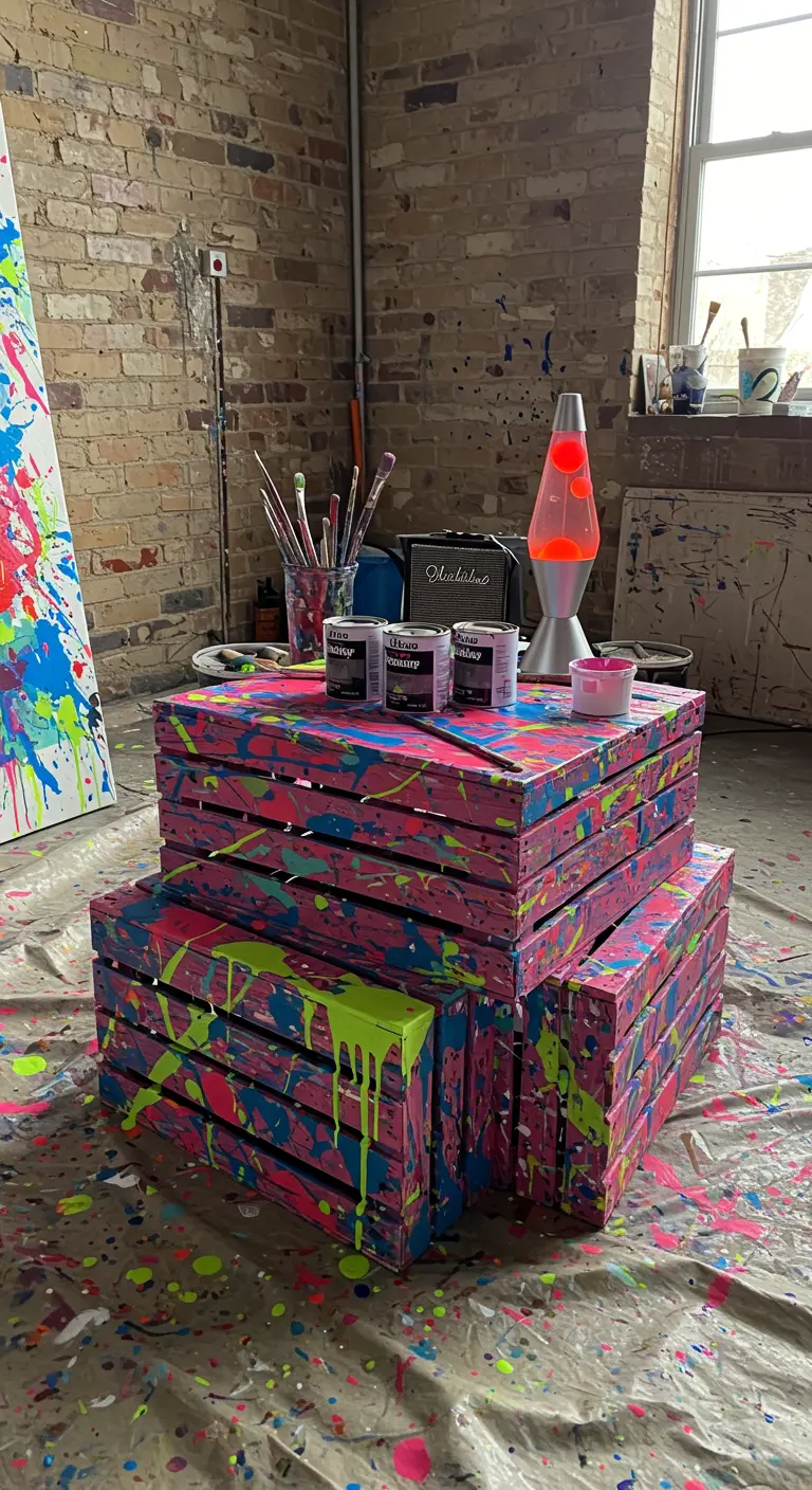 Cajas de madera pintadas con salpicaduras de pintura neón sobre una base rosa.